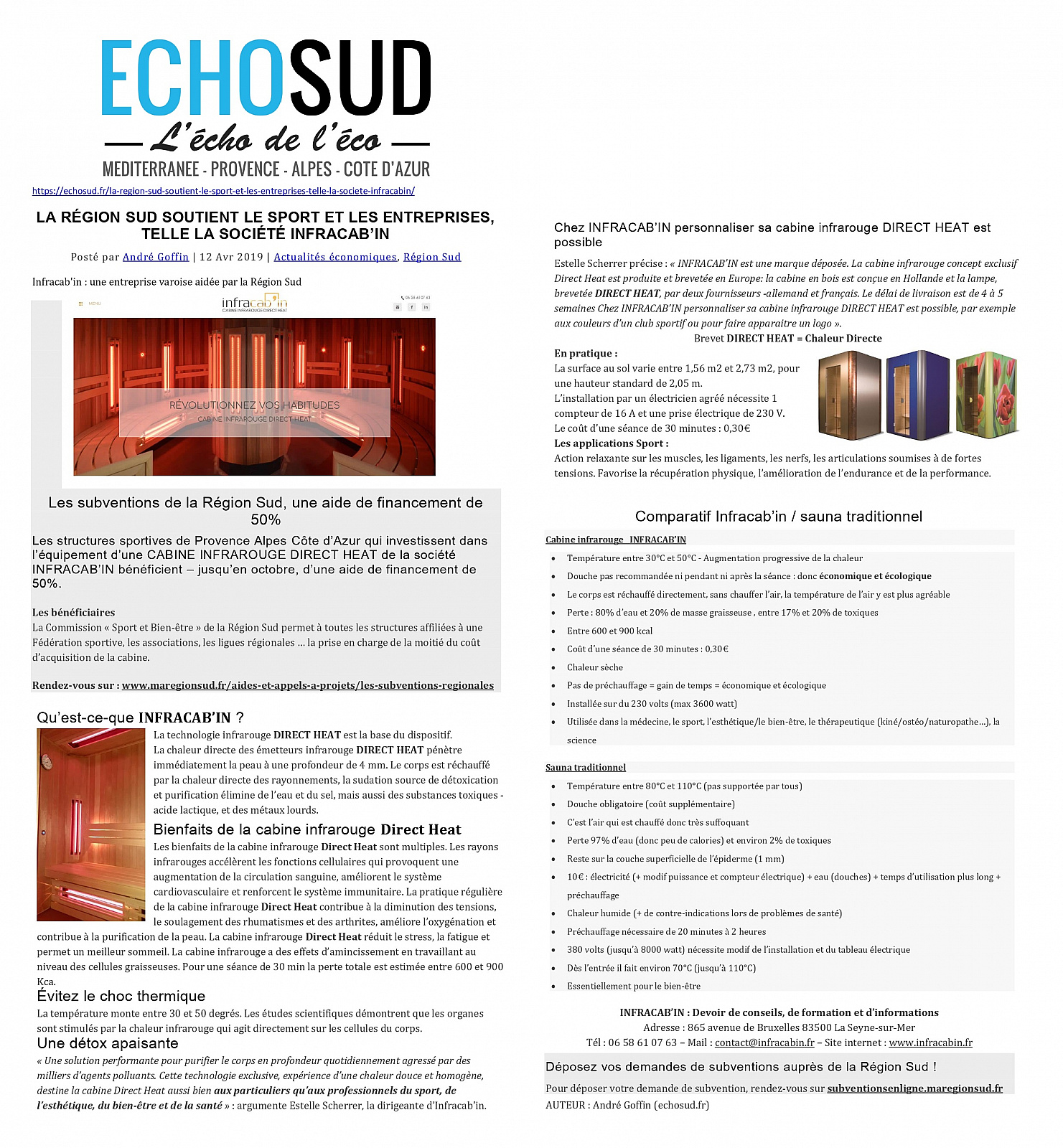 ECHO SUD - Infracab'in, cabine infrarouge Direct Heat -  La presse en parle